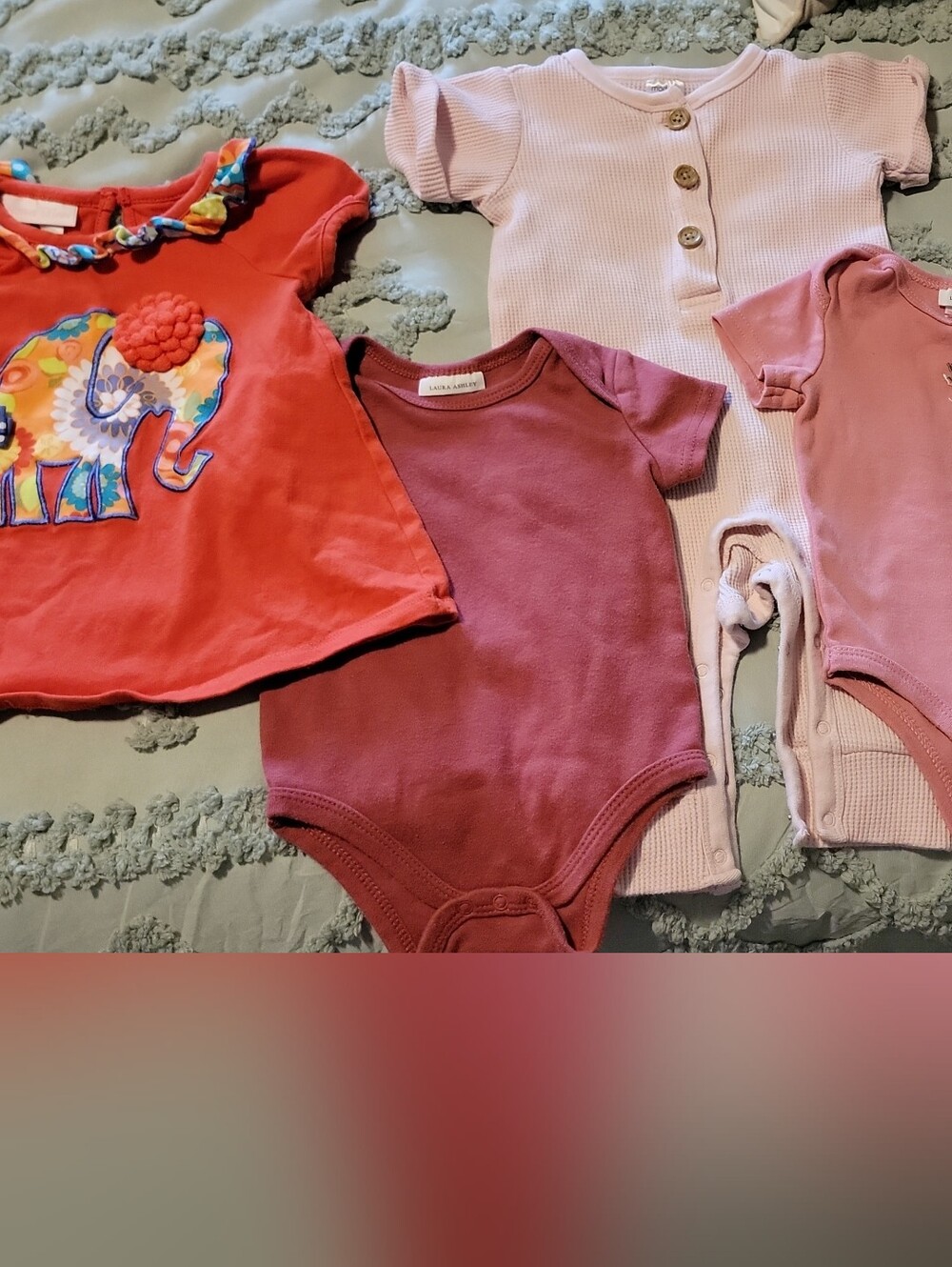 Adorable 4 Pc Lot! Bonnie Baby Coral Elephant Top with Pink and Rose Bodysuits